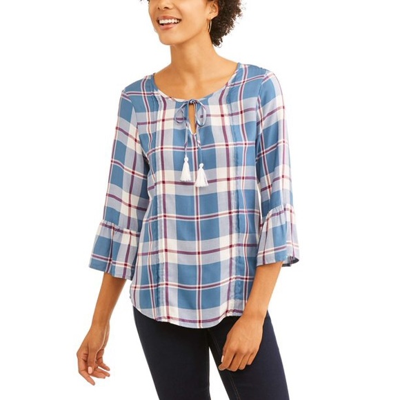 Como Blu Airy Plaid Bell Sleeve Peasant Blouse - Picture 3 of 10